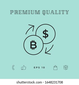 Icono de línea de conversión, cambio de moneda - con símbolos de dólar y bitcoin