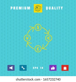 Conversion, currency exchange - with symbols of dollar, pound sterling, yen and euro - line icon