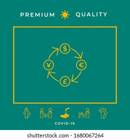 Conversion, currency exchange - with symbols of dollar, pound sterling, yen and euro - line icon