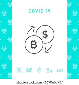 Conversion, currency exchange - with symbols of dollar and bitcoin - line icon
