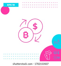 Icono de línea de conversión, cambio de moneda - con símbolos de dólar y bitcoin
