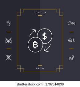 Conversion, currency exchange - with symbols of dollar and bitcoin - line icon