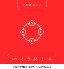 Conversión, cambio de divisas - con símbolos del dólar, libra esterlina, yen y icono de la línea del euro