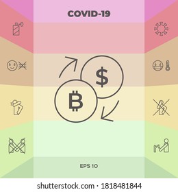 Conversion, currency exchange - with symbols of dollar and bitcoin - line icon