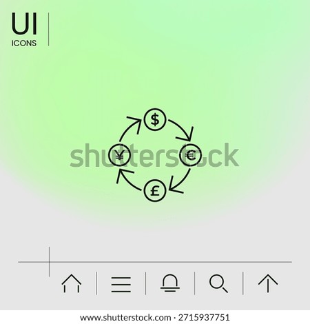 Conversion, currency exchange - with symbols of dollar, pound sterling, yen and euro - line icon. Graphic elements for your design