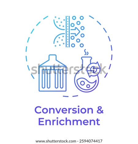 Conversion and enrichment blue gradient concept icon. Yellowcake to uranium hexafluoride. Nuclear fuel cycle. Round shape line illustration. Abstract idea. Graphic design. Easy to use in booklet