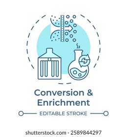 Conversion and enrichment soft blue concept icon. Yellowcake to uranium hexafluoride. Nuclear fuel cycle. Round shape line illustration. Abstract idea. Graphic design. Easy to use in booklet