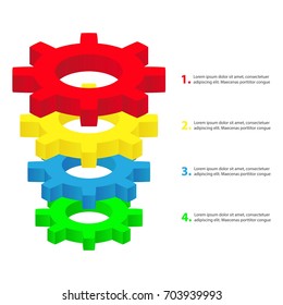 Conversion funnel consisting of 4 gearwheels. Marketing and sales teamwork infographics. Vector illustration isolated on white background.