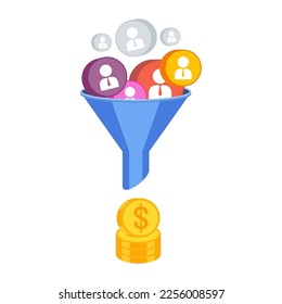 Umstelltrichter. Digitales Inbound-Marketing-Tool, um einen Kunden auf die Website zu ziehen. SEO-Optimierung und Verbraucherreise. Werbung im Internet und in sozialen Netzwerken. Symbol auf weißem Hintergrund.
