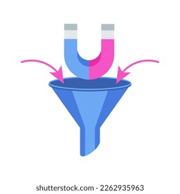 Embudo de conversión. Herramienta de marketing de entrada digital para atraer a un cliente al sitio. Optimización SEO y viaje de consumo. Publicidad en Internet y redes sociales. Icono en fondo blanco.