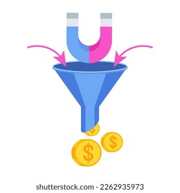 Conversion funnel. Digital inbound marketing tool to attract a client to the site. SEO optimization and consumer journey. Advertising on the Internet and social networks. Icon on white background.