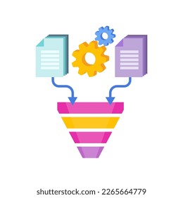 Embudo de conversión. Herramienta de marketing de entrada digital para atraer a un cliente al sitio. Optimización SEO y viaje de consumo. Publicidad en Internet y redes sociales. Icono en fondo blanco.