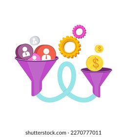 Embudo de conversión. Herramienta de marketing de entrada digital para atraer a un cliente al sitio. Optimización SEO y viaje de consumo. Publicidad en Internet y redes sociales. Icono en fondo blanco.