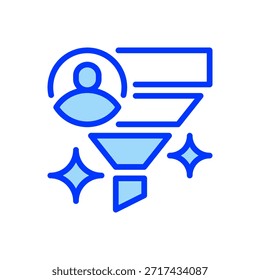 Ícone Linha de Funil de Conversão, Símbolo de Estrutura de Tópicos para Viagem de Vendas, Aquisição de Cliente, Pipeline de Marketing, Lead Nurturing e Otimização de Receita. Ícone de sinal vetorial.