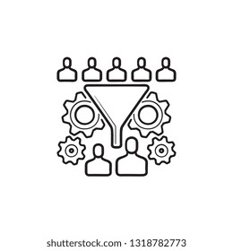 Conversion funnel with people and gears hand drawn outline doodle icon. Conversion rate optimization concept. Vector sketch illustration for print, web, mobile and infographics on white background.