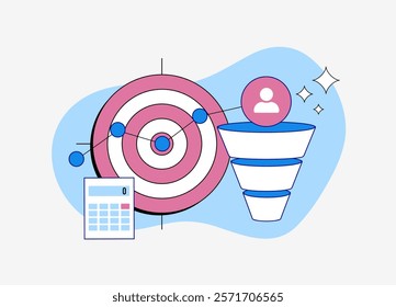 Conversion funnel with target audience analysis, customer journey tracking, sales optimization and lead generation. Digital marketing strategy with focus on conversions and business growth