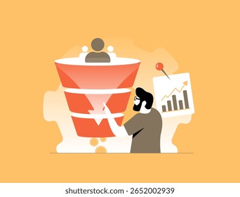 Funil de conversão com segmentação do usuário e estratégia de otimização de marketing. Desempenho do funil de vendas, acompanhamento da geração de clientes potenciais, ideias sobre a jornada do cliente. Ilustração da otimização da taxa de conversão