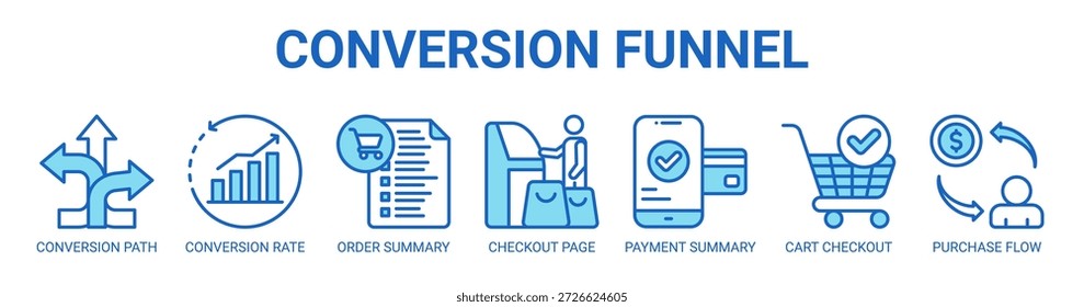 Conversion Funnel web banner icon vector illustration concept with icon of conversion path, conversion rate, order summary, checkout page, payment summary, cart checkout, purchase flow.