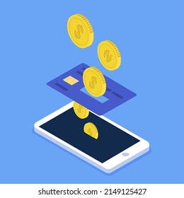 Conversión. Transferencia de dinero de la tarjeta de crédito a la cuenta de solicitud bancaria, cambio de moneda, depósito e inversión. Smartphone y monedas de oro con signo de dólar. Concepto de financiación de vectores