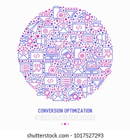 Conversion optimization concept in circle with thin line icons: marketing, customer management, SEO technology, website promotion, sales funnel, web traffic. Modern vector illustration for print media