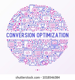 Conversion optimization concept in circle with thin line icons: marketing, customer management, SEO technology, website promotion, sales funnel, web traffic. Modern vector illustration.