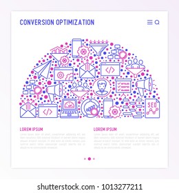 Conversion optimization concept in half circle with thin line icons: marketing, customer management, SEO technology, website promotion, sales funnel, web traffic. Modern vector illustration.