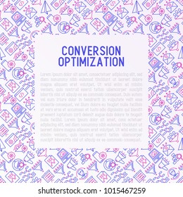 Conversion optimization concept with thin line icons: marketing, customer management, SEO technology, website promotion, visitors, sales funnel, web traffic. Modern vector illustration for print media