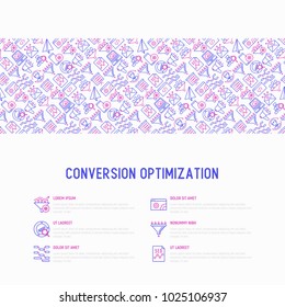 Conversion optimization concept with thin line icons: marketing, customer management, SEO technology, website promotion, visitors, sales funnel, web traffic. Modern vector illustration for print media