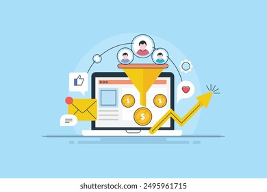 Conversion optimization concept, Turing leads into customers, Quality sales lead, Customer purchasing decision - vector line illustration with icons