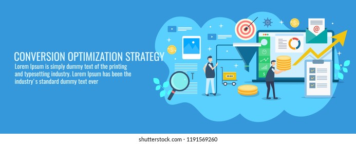 Conversion optimization strategy - Business conversion success vector - flat banner illustration on blue background