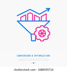 Conversion and optimization thin line icon: funnel with graph, showing growth visitors flow on web site. Modern vector illustration of sales analysing.