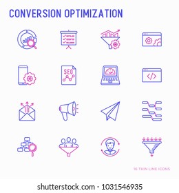 Conversion Optimization Thin Line Icons Set: Marketing, Customer Management, SEO Technology, Website Promotion, Visitors, Sales Funnel, Web Traffic. Modern Vector Illustration.