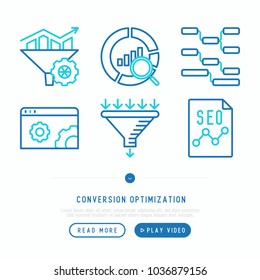 Conversion Optimization Thin Line Icons Set: Marketing, Customer Management, SEO Technology, Website Promotion, Visitors, Sales Funnel, Web Traffic. Modern Vector Illustration.