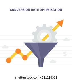 Otimização de Conversão - ilustração vetorial. Conceito de conversão de marketing na Internet com Funil de Vendas e gráfico de crescimento. Banner de otimização de taxa de conversão em estilo plano.