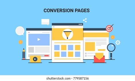 Conversion pages, Landing pages, Split testing, Conversion optimization flat vector illustration with icons