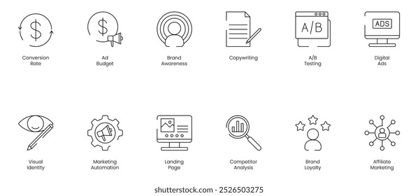 Conversion Rate and Ad Budget Icon Set Including Brand Awareness, Copywriting, AB Testing, Digital Ads, Visual Identity, Marketing Automation, Landing Page, Computer Analysis, Brand Loyalty, and Affi