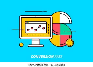 Conversion rate. Colorful illustration on bright cyan background. Modern outline style. 
