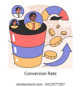 Conversion rate concept. Illustration of marketing funnel dynamics with an uptick in profits. Visualizing customer journey and sales growth. Flat vector illustration.