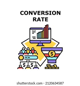 Conversion rate funnel. lead optimization. digital marketing. cro data. customer campaign. business growth generation vector concept color illustration