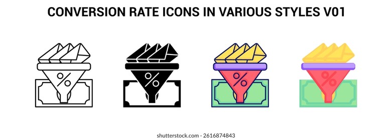 Conversion Rate icon represented by Conversion Rate symbol Line, Filled, Color, flat style.