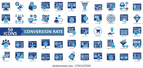 conversion rate icon set flat style illustration. containing analytics tools, split testing, call to action, traffic quality, user experience, bounce rate, target audience, engagement metrics