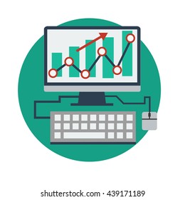 conversion rate increase. The increase in website traffic. The increase in the audience of the website. The graph on the monitor. Statistics on the computer monitor. Flat style illustration.