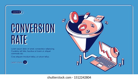 Conversion rate isometric web banner. Funnel sales channel, inbound business marketing buyer conversion and money profit generation or purchase infochart infographics. 3d vector line art landing page