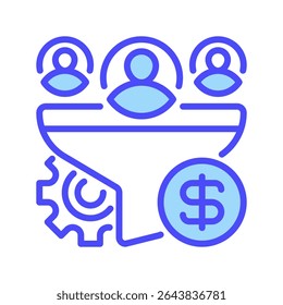 Icono de línea de tasa de conversión, símbolo de esquema para métricas de marketing, embudo de ventas, optimización de clientes potenciales, seguimiento del rendimiento y éxito digital. Icono de signo de Vector.