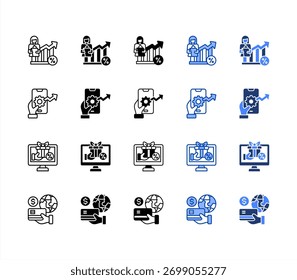 Taxa de conversão, Programa de fidelidade, Otimização móvel, Conjunto de ícones de vários estilos de gateway de pagamento.