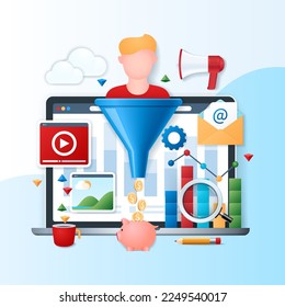 Conversion rate optimization banner. Laptop with content icons on the screen. Business concept. Web vector illustration in 3D style