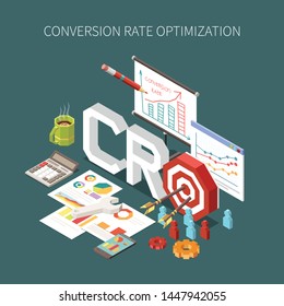 Conversion rate optimization and client targeting concept with plans graphs and diagrams 3d vector illustration