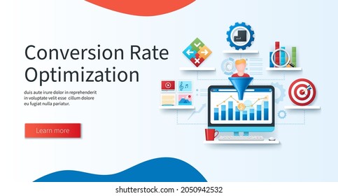 Conversion rate optimization concept. Computer with business charts on the screen. Content, behavior, execution, analysis, target icons. Web vector illustrations in 3D style