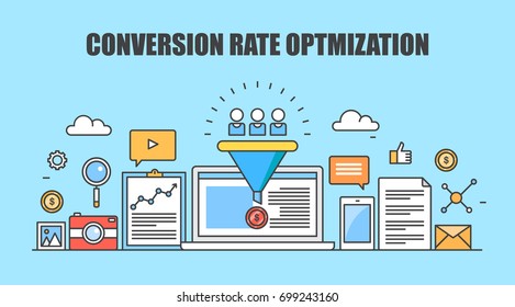 Conversion Rate Optimization, Customer Conversion, Digital Sales Funnel Flat Vector Banner Illustration With Marketing Icons