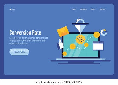 Conversion Rate Optimization, Digital Marketing Sales Funnel, Sales Lead Conversion - Conceptual Flat Design Vector Landing Page Template With Icons